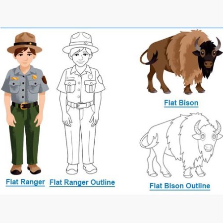 Pictures of Flat Ranger and Flat Bison, colored and outline