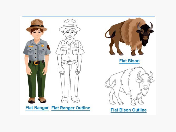 Pictures of Flat Ranger and Flat Bison, colored and outline